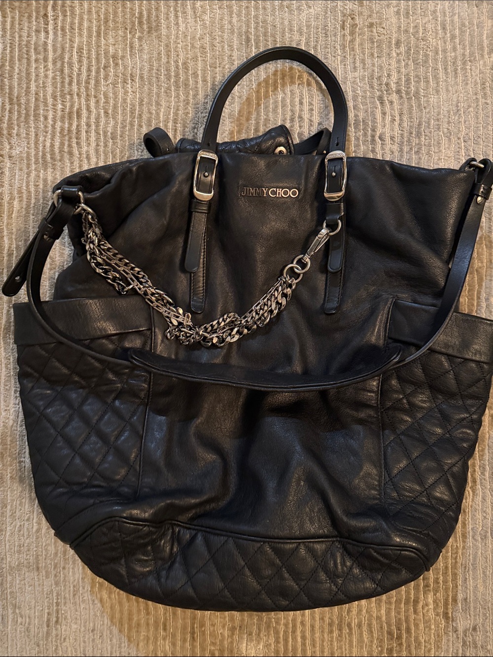 Jimmy Choo Blare Black Leather Quilted Tote with Chain Detail
